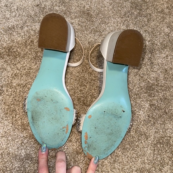 Betsey Johnson Satin Block Heel Crystal Embellished Sandals in Ivory - Picture 6 of 6